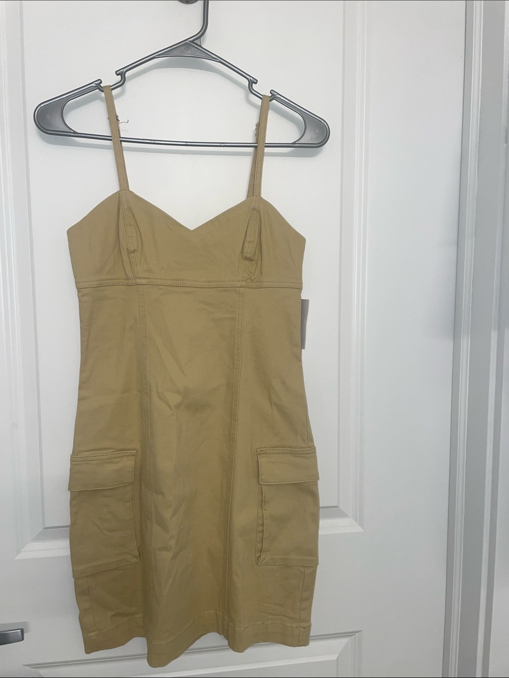 Women's Tan Cargo Pocket Spaghetti Strap Dress